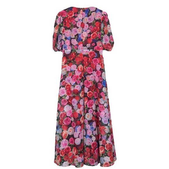 Ieena Mac Duggal Floral Puff Sleeve Tie Slit Romantic Midi Dress Pink Red Size 0 - Picture 4 of 15